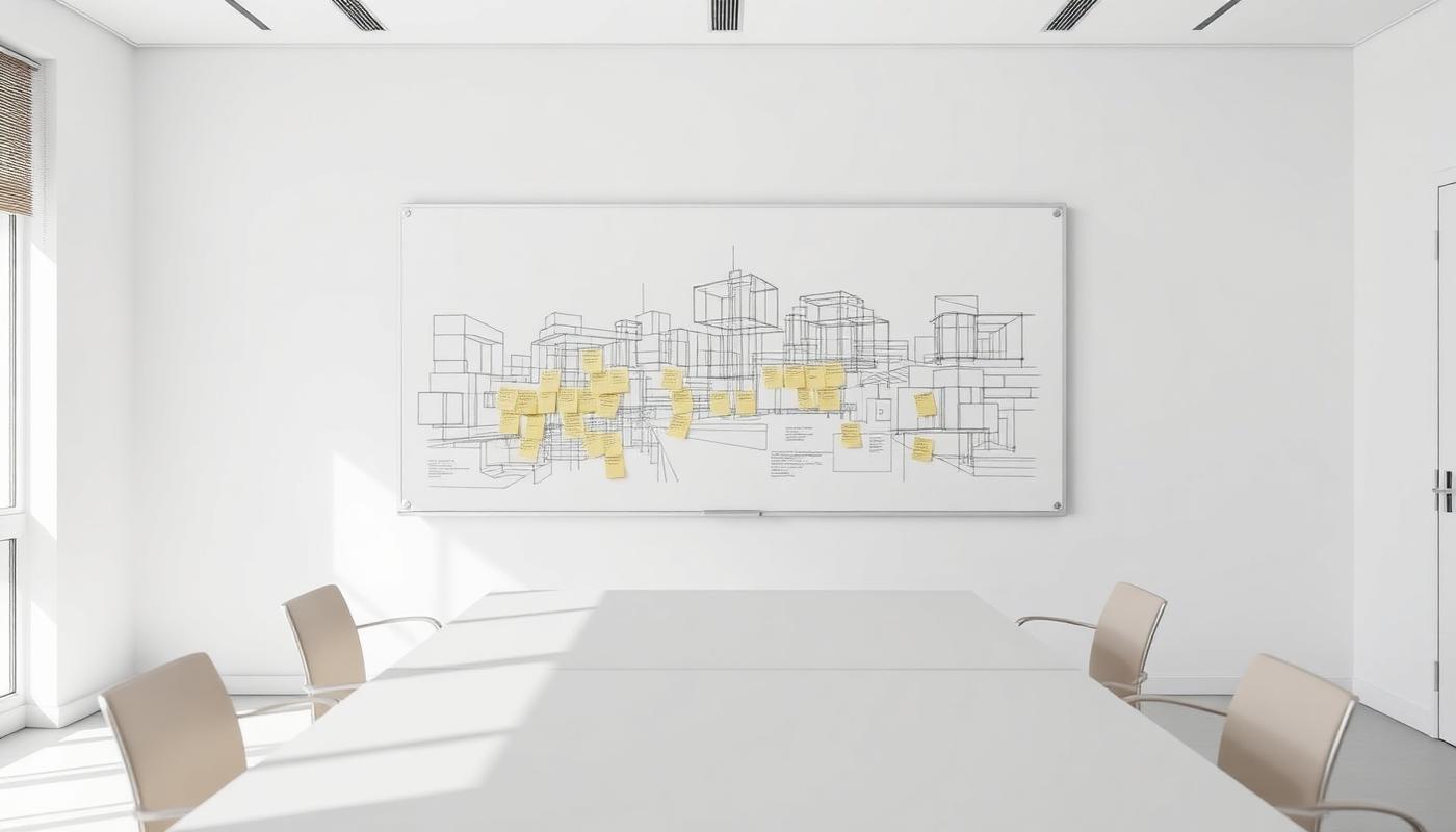 Bright meeting room with a whiteboard covered in system architecture sketches and notes