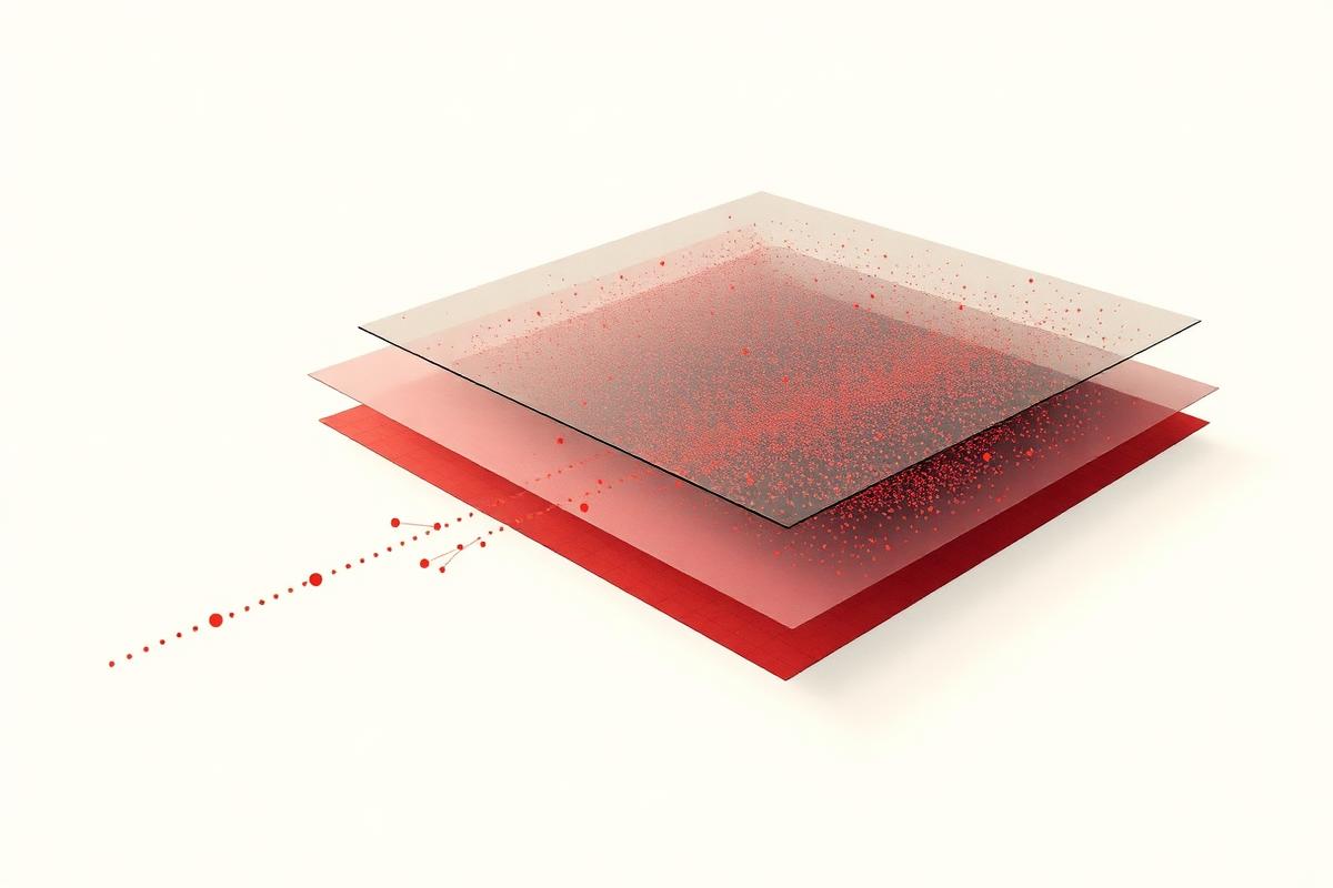 Abstract illustration of stacked translucent data layers with scattered red data points