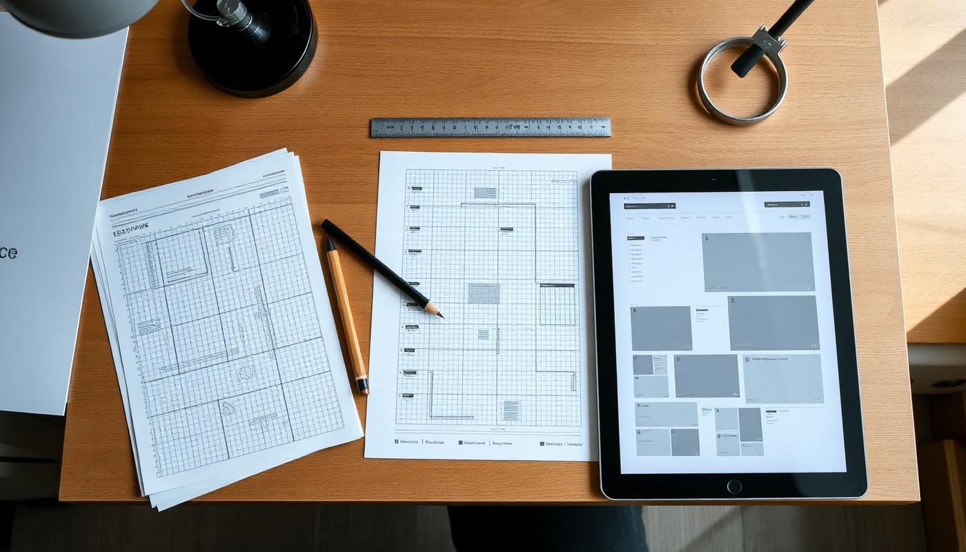 Overhead view of a design desk with printed wireframe sheets, a ruler, a pencil and a tablet showing interface blocks
