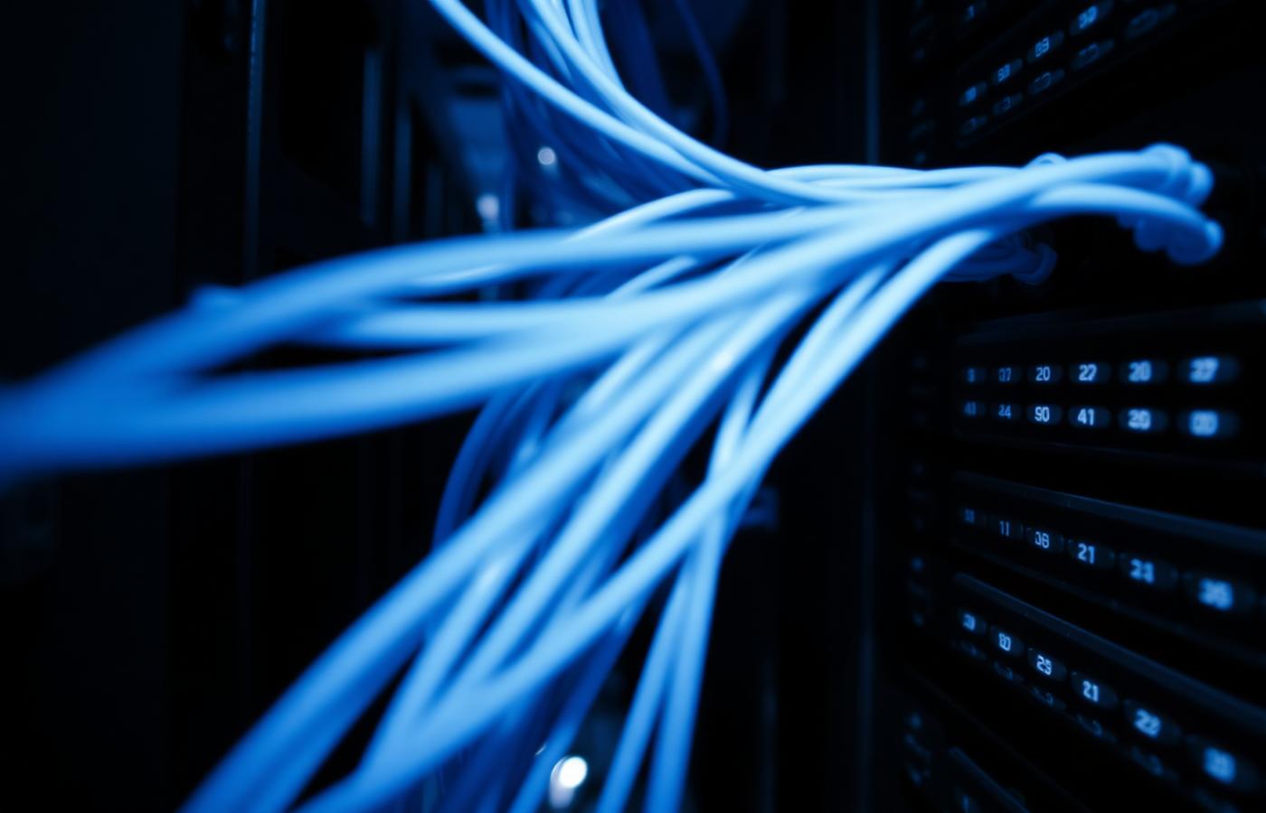 Close view of blue fibre optic cabling connected to a dark server rack