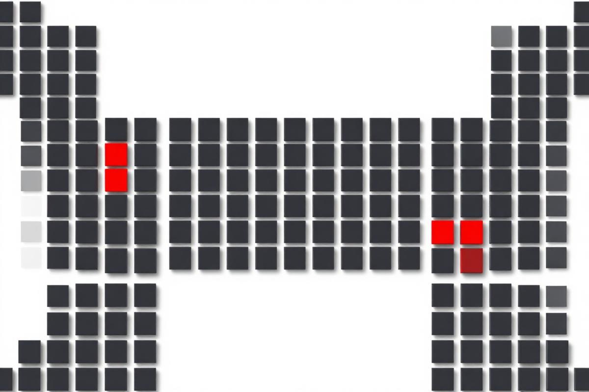 Abstract grid of dark squares with a few red squares marking detected defects