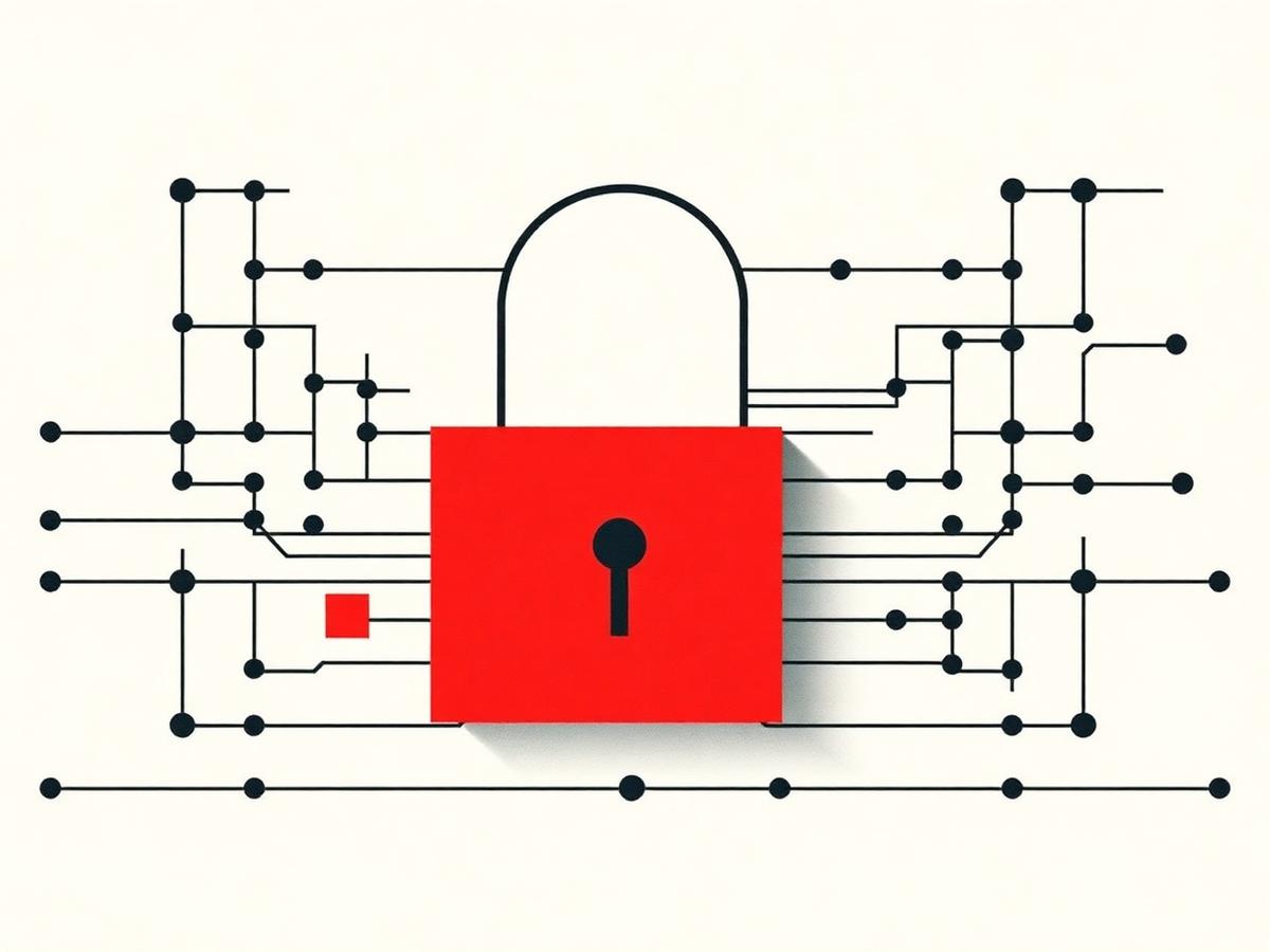 Abstract graphic of a red padlock shape on a network of thin black circuit lines